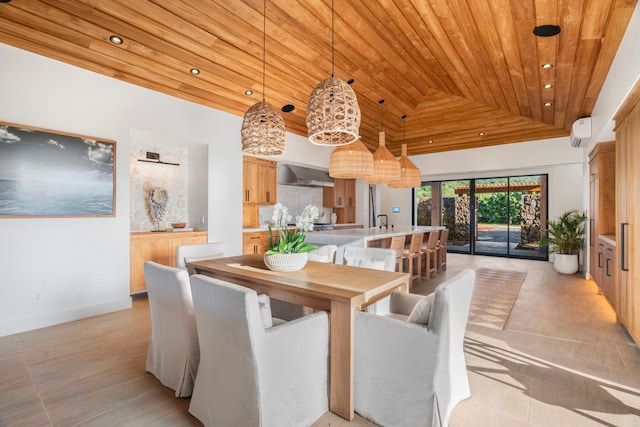 dining space featuring a wall mounted air conditioner, wooden ceiling, and high vaulted ceiling