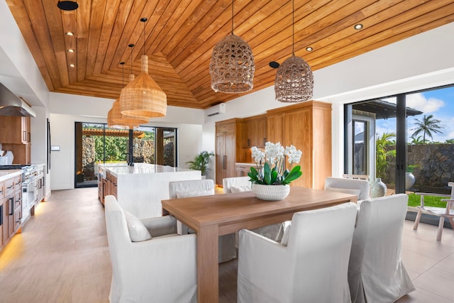 tiled dining area with a towering ceiling, an AC wall unit, and wood ceiling