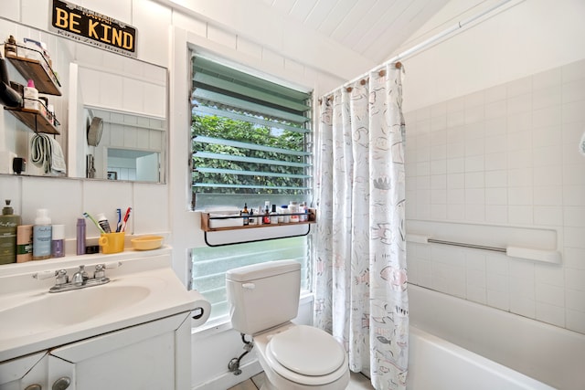 full bathroom with toilet, vanity, shower / tub combo with curtain, and lofted ceiling