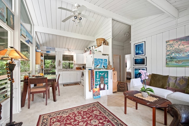 living room featuring beam ceiling, ceiling fan, wooden walls, and wood ceiling