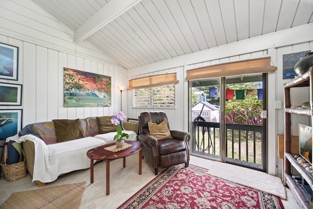 sunroom / solarium featuring lofted ceiling with beams and wood ceiling