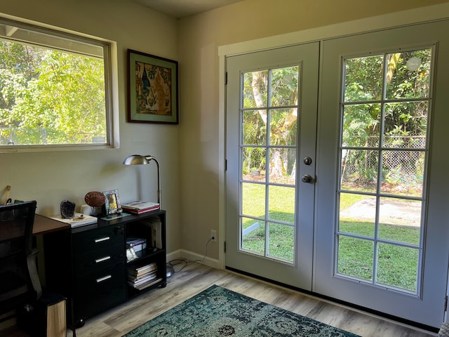 doorway to outside with plenty of natural light, light hardwood / wood-style floors, and french doors