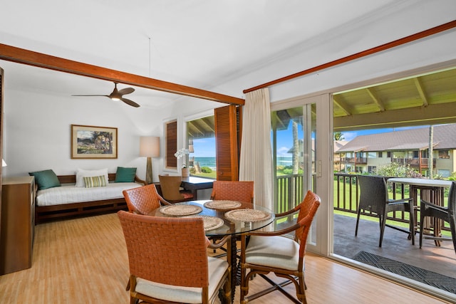 dining room featuring light hardwood / wood-style floors, ceiling fan, and crown molding