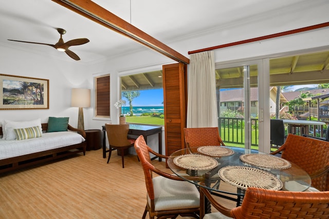 dining space featuring hardwood / wood-style flooring, crown molding, ceiling fan, and a healthy amount of sunlight