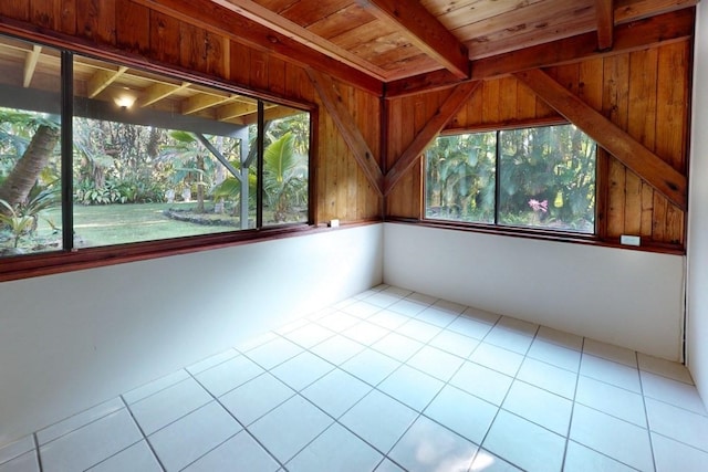 unfurnished sunroom with beamed ceiling and wooden ceiling