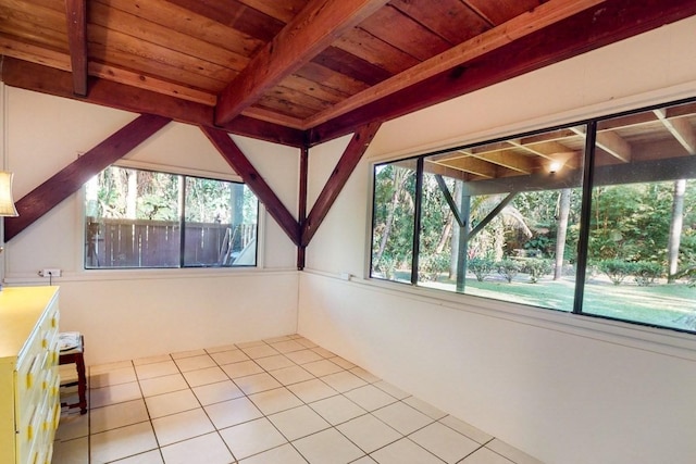 unfurnished sunroom with vaulted ceiling with beams, a healthy amount of sunlight, and wooden ceiling