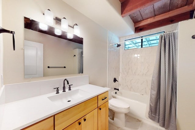 full bathroom featuring wooden ceiling, beamed ceiling, shower / bath combination with curtain, toilet, and vanity