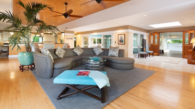 living room featuring ceiling fan, light wood-type flooring, and a skylight