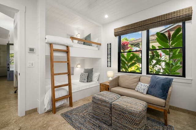 bedroom with wood ceiling