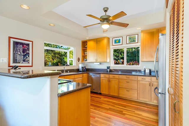 kitchen featuring sink, stainless steel appliances, kitchen peninsula, light hardwood / wood-style floors, and a tray ceiling