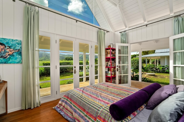 bedroom featuring high vaulted ceiling, french doors, hardwood / wood-style flooring, beam ceiling, and wood ceiling