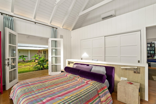 bedroom featuring wooden ceiling, a wall mounted air conditioner, beamed ceiling, high vaulted ceiling, and dark hardwood / wood-style floors