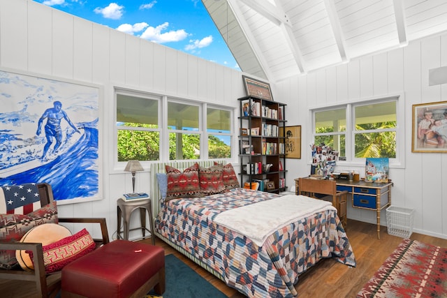 bedroom featuring multiple windows, beamed ceiling, high vaulted ceiling, and hardwood / wood-style flooring