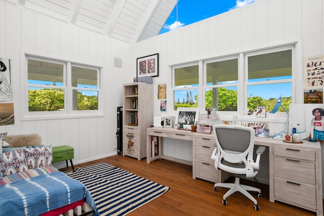 office space with beamed ceiling, wood ceiling, dark hardwood / wood-style floors, and high vaulted ceiling