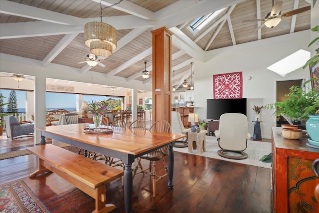 dining space with dark wood-type flooring, high vaulted ceiling, wooden ceiling, beamed ceiling, and a chandelier