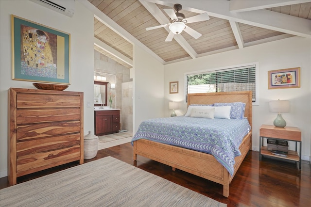 bedroom featuring hardwood / wood-style floors, lofted ceiling with beams, ceiling fan, and ensuite bathroom