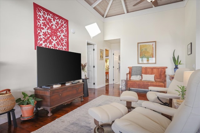 living room with high vaulted ceiling, ceiling fan, dark hardwood / wood-style floors, beam ceiling, and wood ceiling