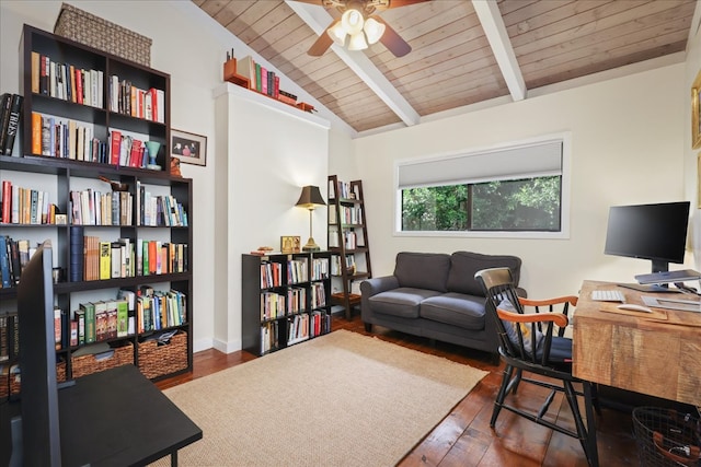 office space with wood ceiling, ceiling fan, dark wood-type flooring, and lofted ceiling with beams