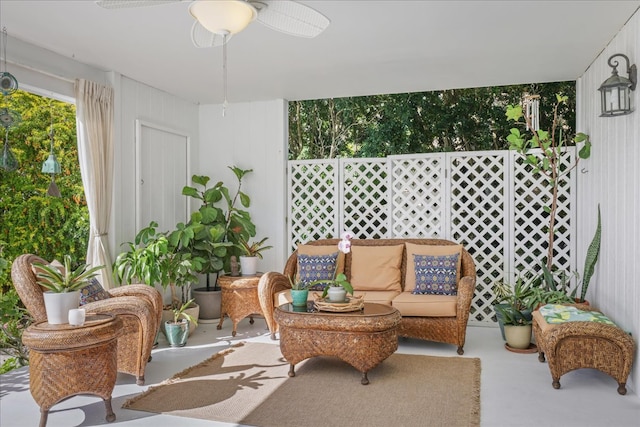 view of patio featuring ceiling fan and an outdoor living space