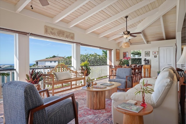 sunroom featuring vaulted ceiling with beams, ceiling fan, and wood ceiling