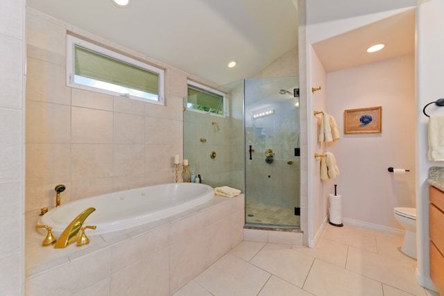 full bathroom with tile patterned flooring, vaulted ceiling, toilet, vanity, and shower with separate bathtub