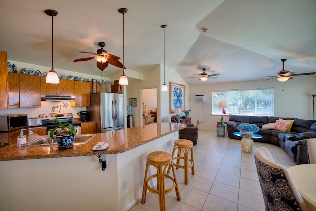 kitchen with a breakfast bar, vaulted ceiling, range hood, kitchen peninsula, and stainless steel appliances