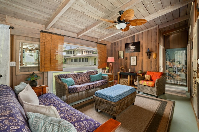 living room featuring beamed ceiling, ceiling fan, wooden ceiling, and wood walls