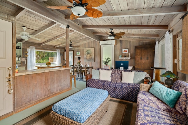 living room with lofted ceiling with beams, wood walls, wood ceiling, and a wall unit AC