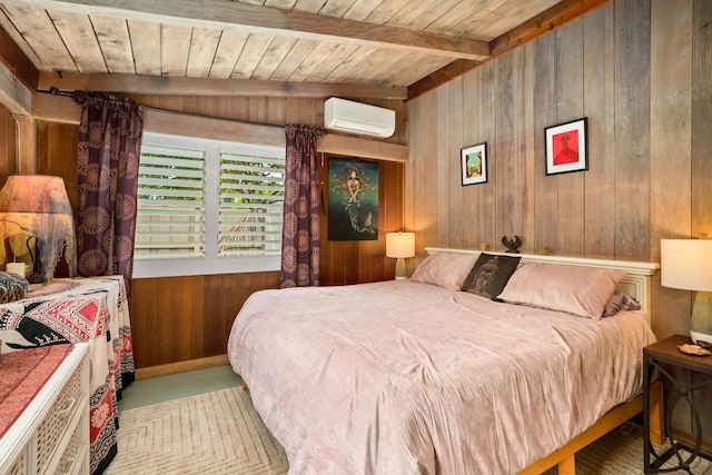 bedroom featuring wooden walls, vaulted ceiling with beams, wood ceiling, and a wall unit AC