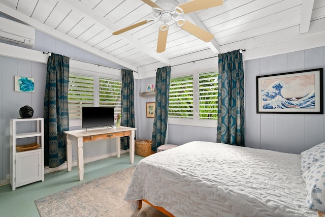 bedroom featuring a wall mounted air conditioner, vaulted ceiling with beams, multiple windows, and ceiling fan