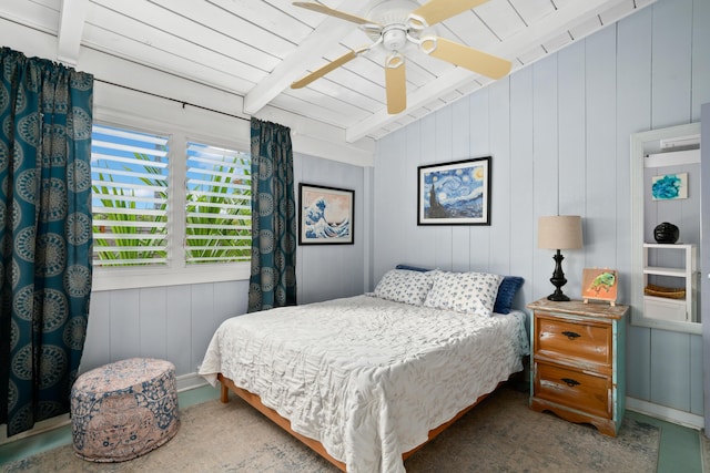 bedroom with vaulted ceiling with beams, ceiling fan, wood walls, and wooden ceiling