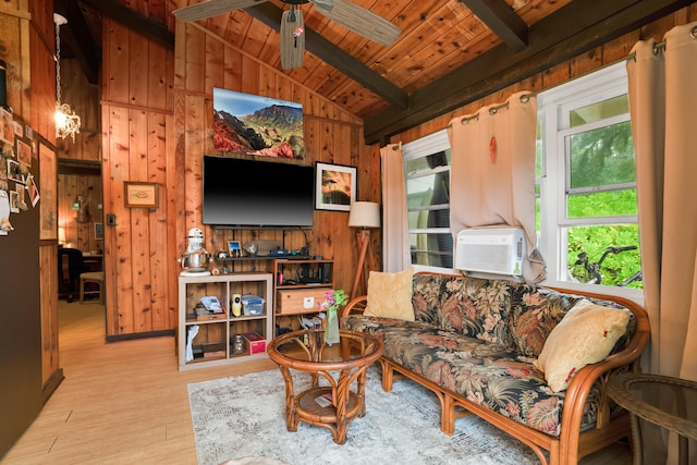 living room featuring ceiling fan, lofted ceiling with beams, light hardwood / wood-style flooring, wooden ceiling, and wood walls