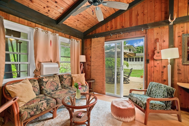 sunroom featuring lofted ceiling with beams, ceiling fan, cooling unit, and wood ceiling