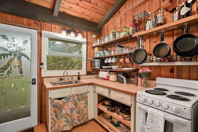 kitchen with sink, wooden ceiling, white electric range, wood walls, and vaulted ceiling