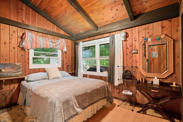 bedroom featuring wooden ceiling, lofted ceiling with beams, wood walls, and light hardwood / wood-style floors