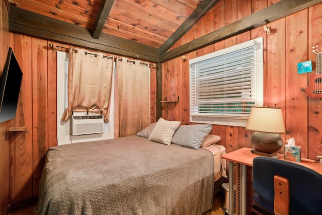 bedroom with wood walls, cooling unit, lofted ceiling, and wood ceiling