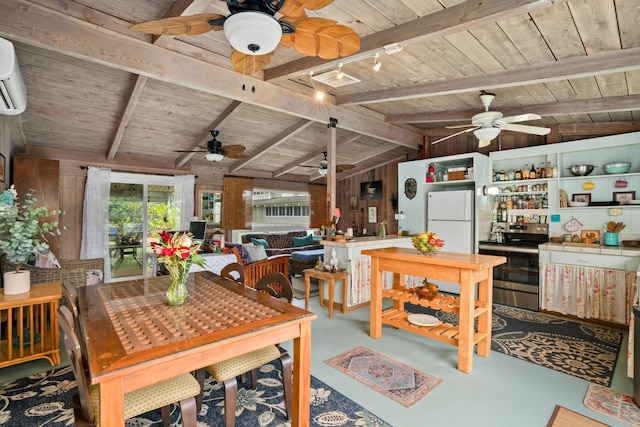 dining space with vaulted ceiling with beams, wooden ceiling, bar, and wooden walls