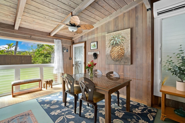 sunroom / solarium featuring lofted ceiling with beams, ceiling fan, an AC wall unit, and wood ceiling