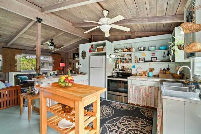 kitchen with sink, lofted ceiling with beams, white fridge, electric stove, and wood ceiling