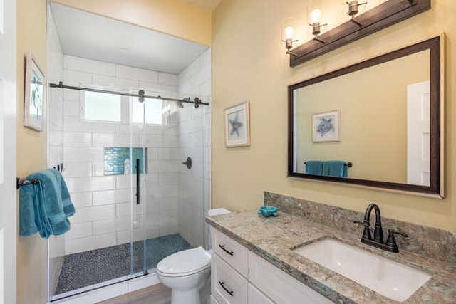 bathroom with vanity, a shower with shower door, and toilet