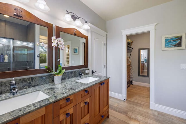 bathroom with vanity, hardwood / wood-style flooring, and walk in shower