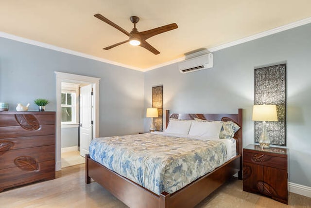 bedroom featuring ceiling fan, crown molding, a wall unit AC, and light hardwood / wood-style flooring