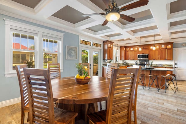 dining area featuring french doors, light wood-type flooring, coffered ceiling, crown molding, and beamed ceiling