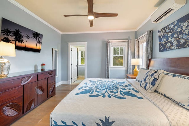 bedroom featuring hardwood / wood-style flooring, a wall unit AC, ceiling fan, and crown molding