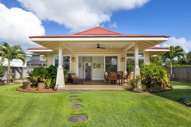 back of property featuring a lawn and ceiling fan