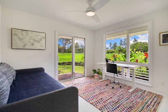 home office with ceiling fan and plenty of natural light