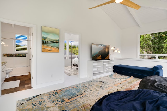 living room featuring beam ceiling, high vaulted ceiling, ceiling fan, and wood ceiling