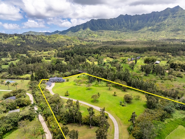 bird's eye view with a mountain view