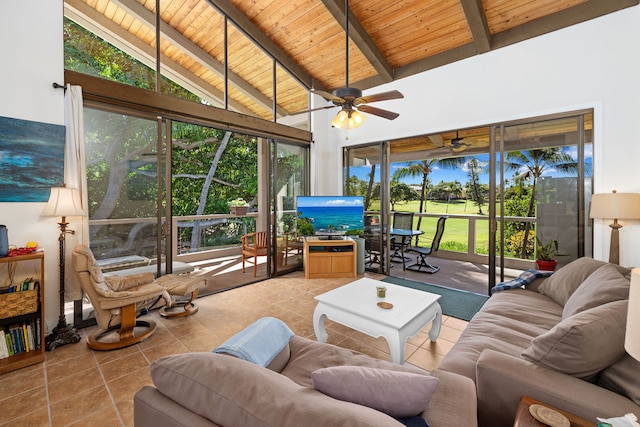 sunroom with wood ceiling, vaulted ceiling with beams, ceiling fan, and a healthy amount of sunlight