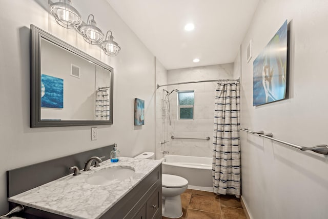 full bathroom featuring vanity, shower / bath combination with curtain, and toilet